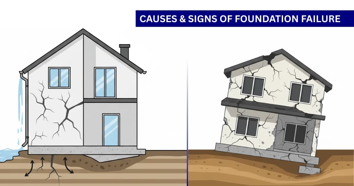 Modern residential house with cracks on walls and uneven floor due to weak soil under footing.