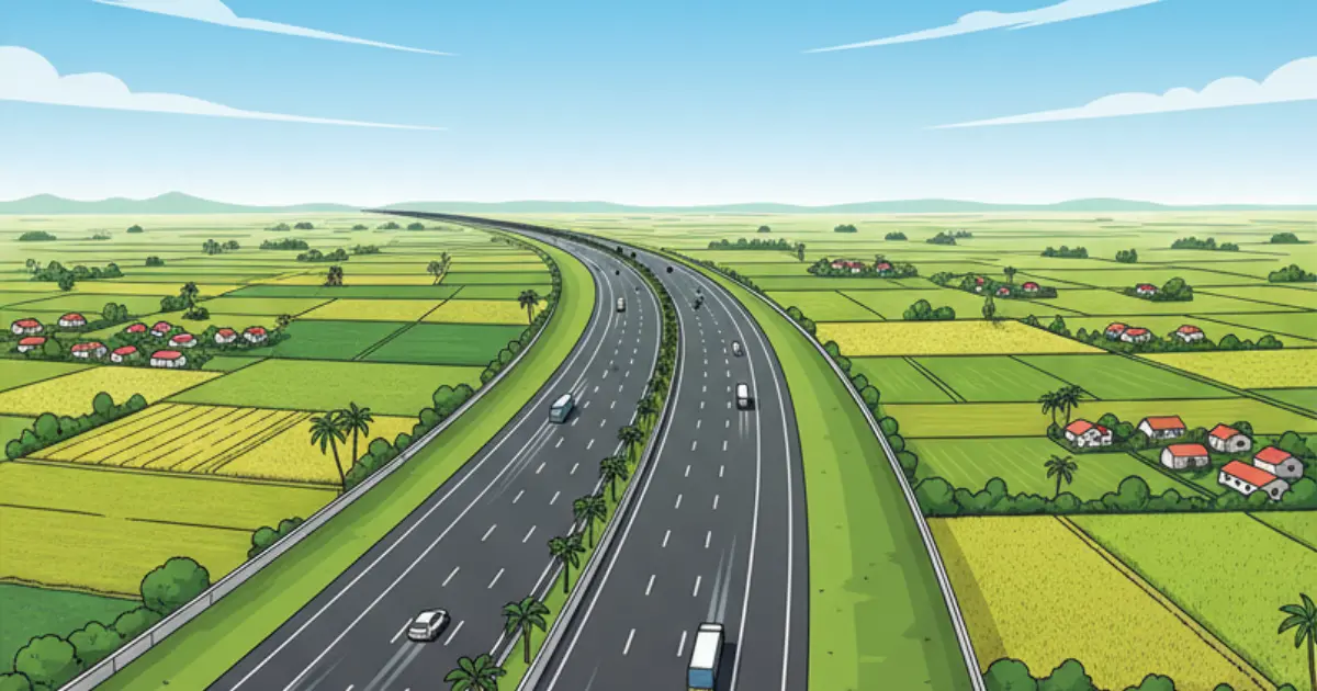 Aerial view of proposed Sahebganj–Bettiah 4-lane greenfield highway in Bihar designed for faster travel and improved connectivity.